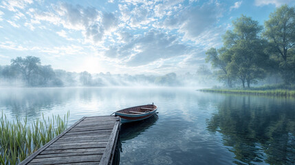 Tranquil Wooden Dock with Red Rowboat on Misty Lake at Dawn, Ethereal Morning Fog Rolling Over Still Waters with Trees and Dramatic Sky