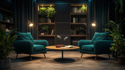 Podcast Studio with Modern Industrial Decor, Dark Wood and Metal Accents, Ambient Lighting, and Cozy Professional Vibe