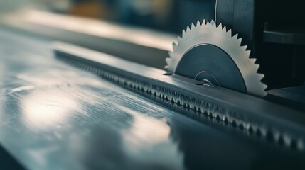 A close-up shot of an electric saw with a fine tooth blade cutting through thin sheet metal.