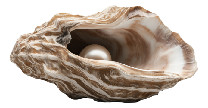 A pearl inside a large, open oyster shell.