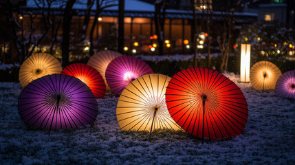 Traditional Japanese Paper Umbrellas (Wagasa) in Snow | Winter Night Garden Illumination with Colorful Japanese Parasols | Artistic Oriental Light Installation | Traditional Japanese Cultural Photogra