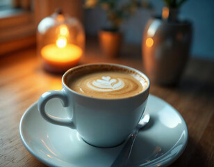 a cup of coffee with a latte art on the wooden table