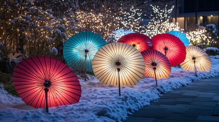 Traditional Japanese Paper Umbrellas (Wagasa) in Snow | Winter Night Garden Illumination with Colorful Japanese Parasols | Artistic Oriental Light Installation | Traditional Japanese Cultural Photogra