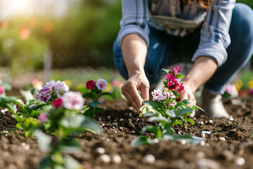 Fototapeta premium Close-up of a woman planting flowers in a vegetable garden in spring