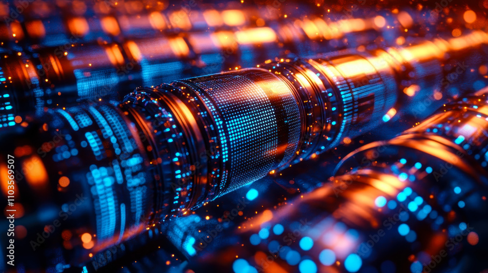 Poster digital pipeline with vibrant blue matrix binary code technology concept