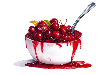 Bowl of cherry jam with fresh cherries, white isolate background.
