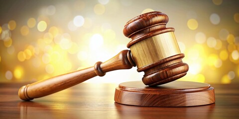 Elegant Wooden Gavel Isolated on White Background with Soft Bokeh Effect, Perfect for Legal Themes and Courtroom Illustrations, High-Quality Image for Professional Use