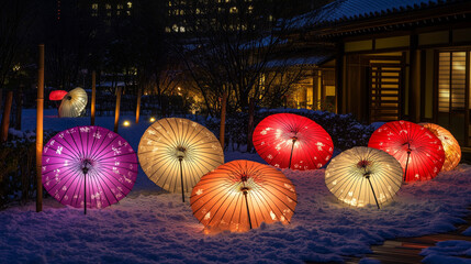 Traditional Japanese Paper Umbrellas (Wagasa) in Snow | Winter Night Garden Illumination with Colorful Japanese Parasols | Artistic Oriental Light Installation | Traditional Japanese Cultural Photogra