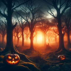 The image depicts a spooky forest at sunset, adorned with a Halloween pumpkin.