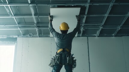 A construction worker hanging drywall on the ceiling, securing the panels into place with screws and ensuring the joints are perfectly aligned and smooth