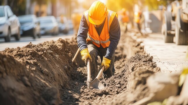 A construction worker digging trenches for plumbing installation, using a shovel to clear dirt and rocks while ensuring the trench is level and safe for the workers.