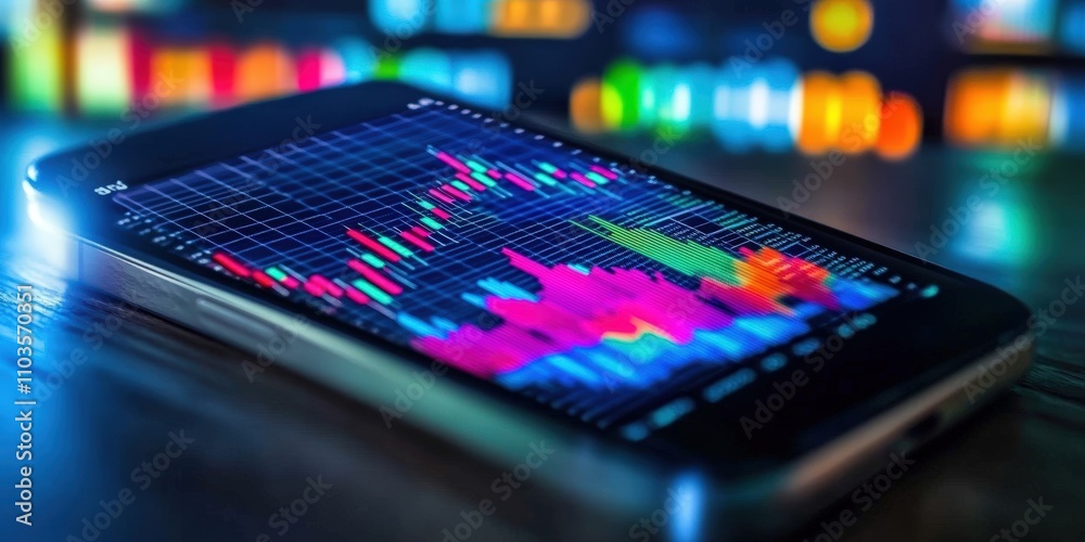 Poster artistic representation of stock market trends on a smartphone displaying colorful financial graphs 