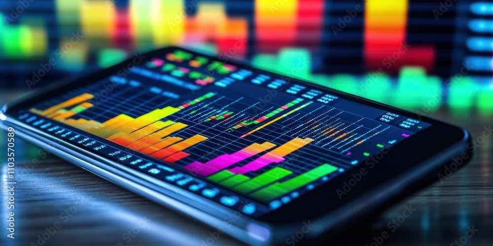 Poster illustration of an advanced smartphone displaying colorful data visualizations on a bright backgroun