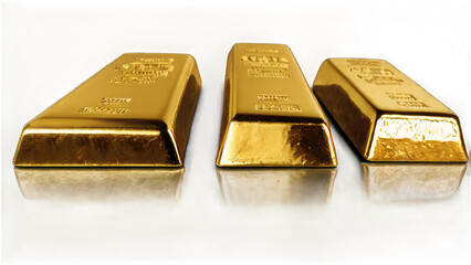 Three gleaming gold bars arranged in a row, reflecting light on a metallic surface transparent background