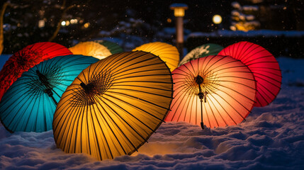Traditional Japanese Paper Umbrellas (Wagasa) in Snow | Winter Night Garden Illumination with Colorful Japanese Parasols | Artistic Oriental Light Installation | Traditional Japanese Cultural Photogra