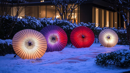 Traditional Japanese Paper Umbrellas (Wagasa) in Snow | Winter Night Garden Illumination with Colorful Japanese Parasols | Artistic Oriental Light Installation | Traditional Japanese Cultural Photogra