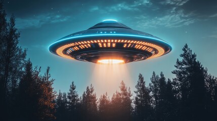 Mysterious UFO hovering over a forest at dusk with glowing lights