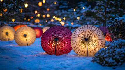 Traditional Japanese Paper Umbrellas (Wagasa) in Snow | Winter Night Garden Illumination with Colorful Japanese Parasols | Artistic Oriental Light Installation | Traditional Japanese Cultural Photogra