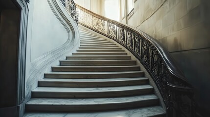 Fototapeta premium A curved staircase with marble steps in a classical mansion, featuring elegant metal railings.