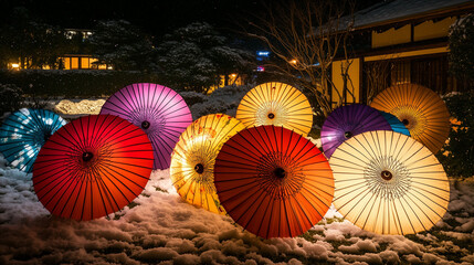 Traditional Japanese Paper Umbrellas (Wagasa) in Snow | Winter Night Garden Illumination with Colorful Japanese Parasols | Artistic Oriental Light Installation | Traditional Japanese Cultural Photogra