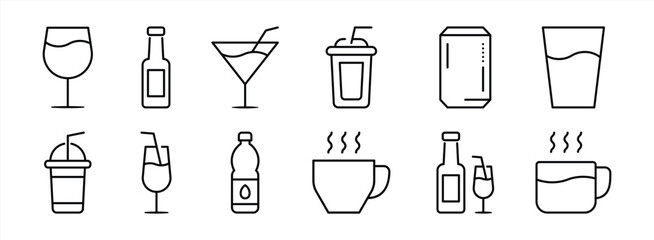 set of drink thin line icon. containing coffee, water, bottle, wine, tea, glass, beverage collections. vector illustration