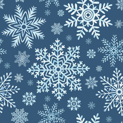 Snowflakes seamless pattern. Hand drawn watercolor illustration. Ice stars on dark blue background for Christmas or New Year. Winter holiday snowing backdrop. Template for wallpaper, wrapping, fabric.