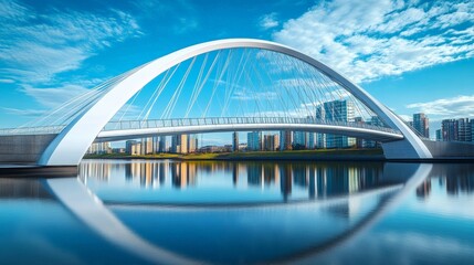 Obraz premium Modern Bridge Over Calm Water with Stunning Reflections and Blue Skies