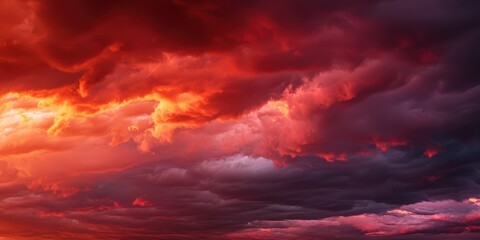 Obraz premium A dramatic sky filled with vibrant hues of red and orange, contrasted by dark, swirling clouds, creating a breathtaking atmospheric display.