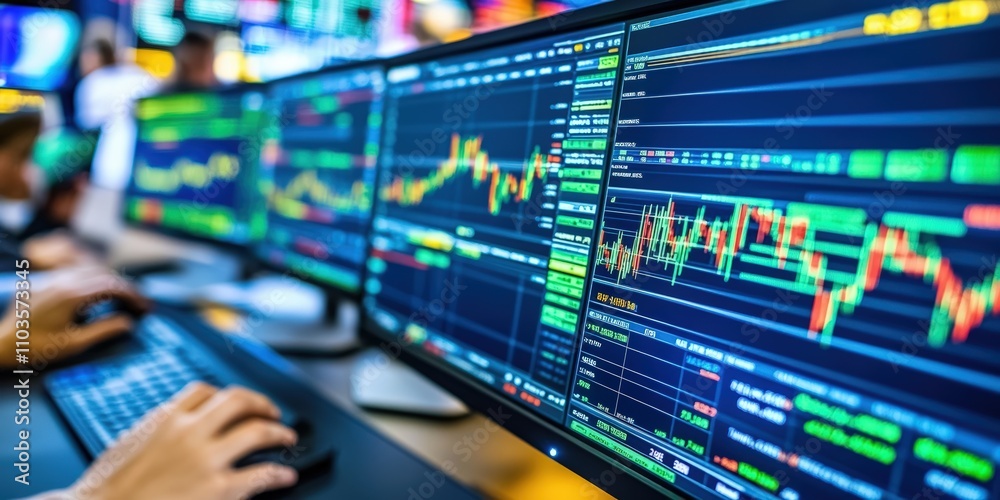 Poster close-up of multiple computer screens displaying stock market data with graphs, indicators, and trad