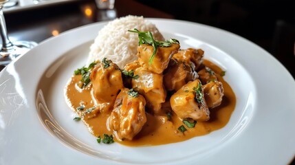 Naklejka premium A delicious plate featuring tender chicken in a rich sauce, served with fluffy white rice and garnished with green herbs.