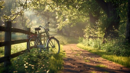 Obraz premium Serene Countryside Road: Vintage Bicycle and Dappled Sunlight