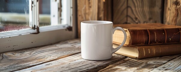 Mockup White mug on a rustic wooden table with a worn leather-bound book beside it.