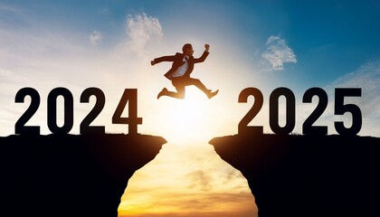 Happy new year 2025,Silhouette BusinessMan jumping from 2024 cliff to 2025 cliff on sky background.New Year's 2025