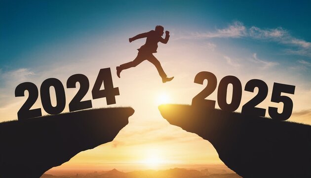 Happy new year 2025,Silhouette BusinessMan jumping from 2024 cliff to 2025 cliff on sky background.New Year's 2025