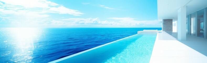 Obraz premium Swimming pool with sea view in modern villa. Futuristic minimalist architecture and beautiful seascape