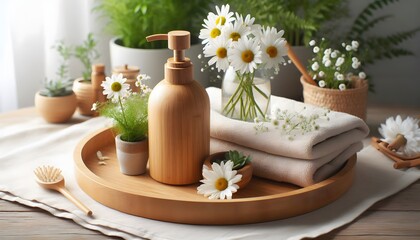 A bamboo pump bottle placed on a wooden tray with white daisies, soft cotton towels, and small potted plants, evoking a calm, sustainable aesthetic.