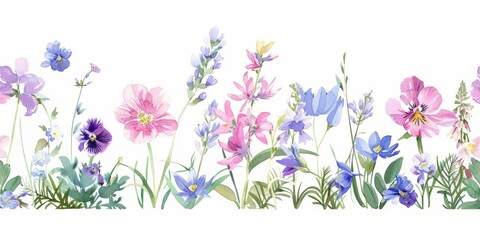 Gentle watercolor floral seamless border. Physostegia, plumeria, polemonium, primula, prunella, pulsatilla, pyrethrum, ranunculus, ratibida, rhipsalis, simple illustration on white background.