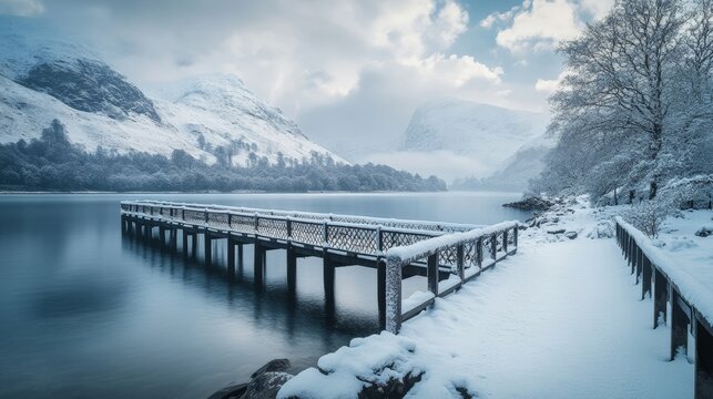 Serene winter landscape with a wooden pier by a snowy lake and majestic mountains in the background under a cloudy sky.