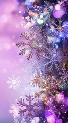 Fototapeta premium Sparkling snowflakes create a magical winter atmosphere with shimmering lights and colors. Vertical photo