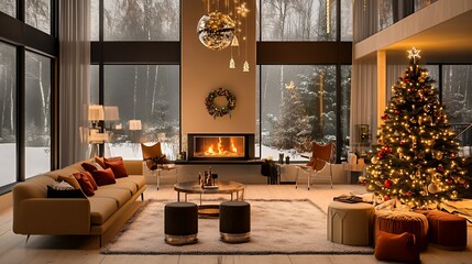 Cozy winter living room with a Christmas tree and fireplace, creating a warm holiday atmosphere.