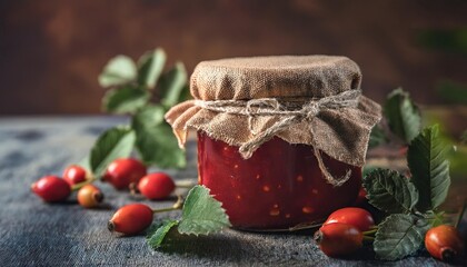 Glass jar of homemade rosehip jam tied with a rustic fabric cover and surrounded by fresh berries and green leaves 