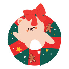 cute drawing cartoon bear inside christmas wreath. cute animal drawing, doodle, sticker for christmas