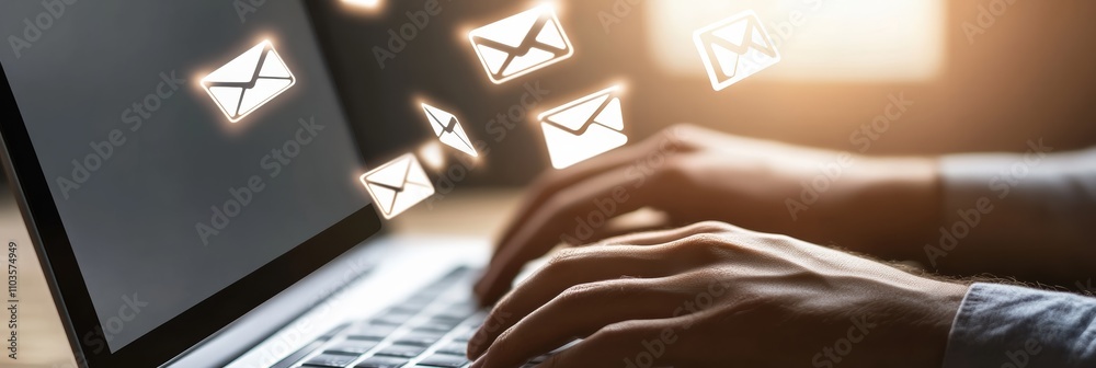 Poster businessman is working on a laptop and receiving many email messages, suggesting a busy workflow and