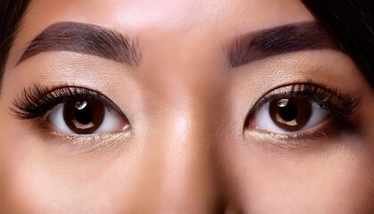 Naklejka premium Beautiful Asian woman’s dark brown eyes with makeup close-up