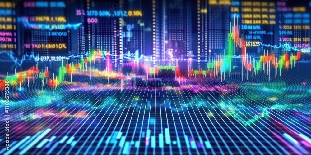 Poster high resolution stock market chart displaying colorful candlestick patterns and data visualizations 