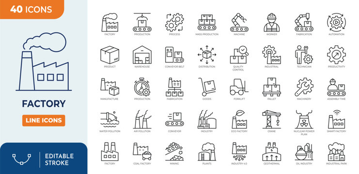 Factory icon set. Containing industry, production, machine, manufacture, warehouse, fabrication, goods and more. Outline Icon Collection. Vector illustration. Editable stroke	