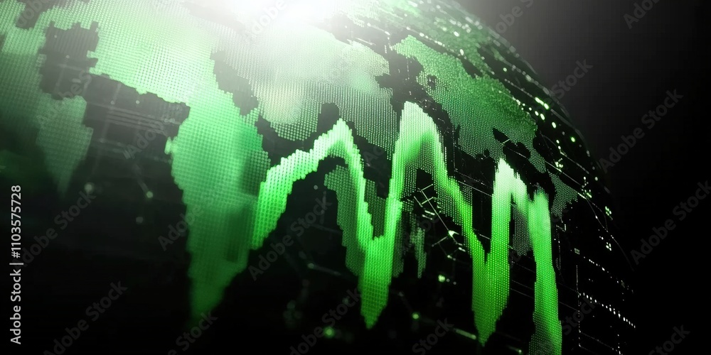 Poster 3d rendering of green world map with digital patterns and data visualization elements. global stock 