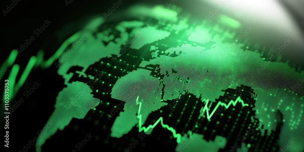 Poster 3d rendering of green world map with data visualization elements showcasing global trends and digita