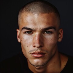 Obraz premium Young man with a shaved head and a confident look, looking straight into the camera, photo for a profile picture.