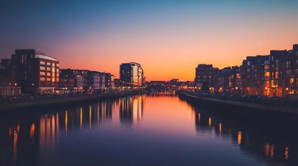 Fototapeta premium Serene cityscape at dusk with calm waters reflecting colorful skies